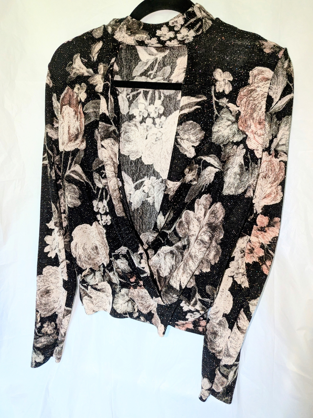 BKE Boutique Black Pink Floral Metallic Wrap Top